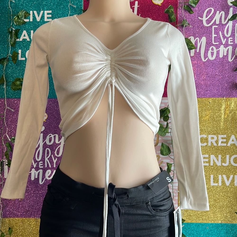Rare Edition, Crop Top, V neck, Long Sleeve, White